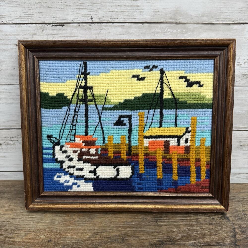 Vtg. Crewel Framed Fishing Boat Needlepoint Picture 10”x12” Nautical Sea